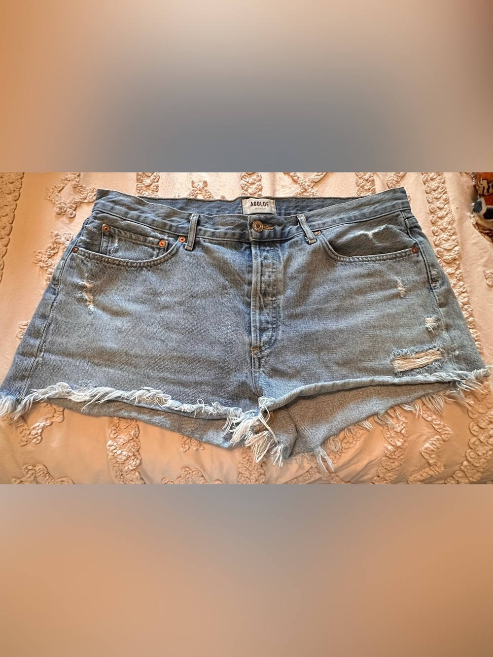 AGOLDE Light Blue Distressed Denim Parker shorts